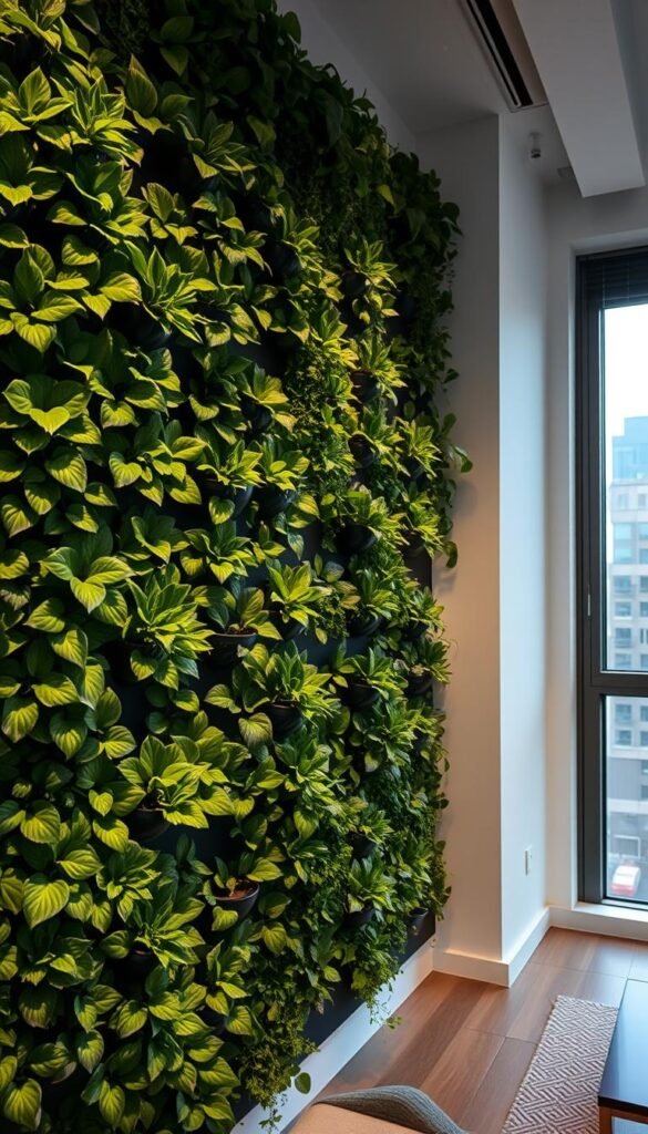 A lush, verdant indoor living wall system covers the entirety of a well-lit urban apartment wall. The greenery cascades down, spilling over the edges in a striking contrast against the minimalist, modern decor. Carefully curated plants thrive in artfully arranged pockets, their leaves gleaming under the warm glow of subtle overhead lighting. The scene exudes a sense of tranquility and connection to nature, inviting the viewer to step into this serene, nature-infused oasis nestled within the city.