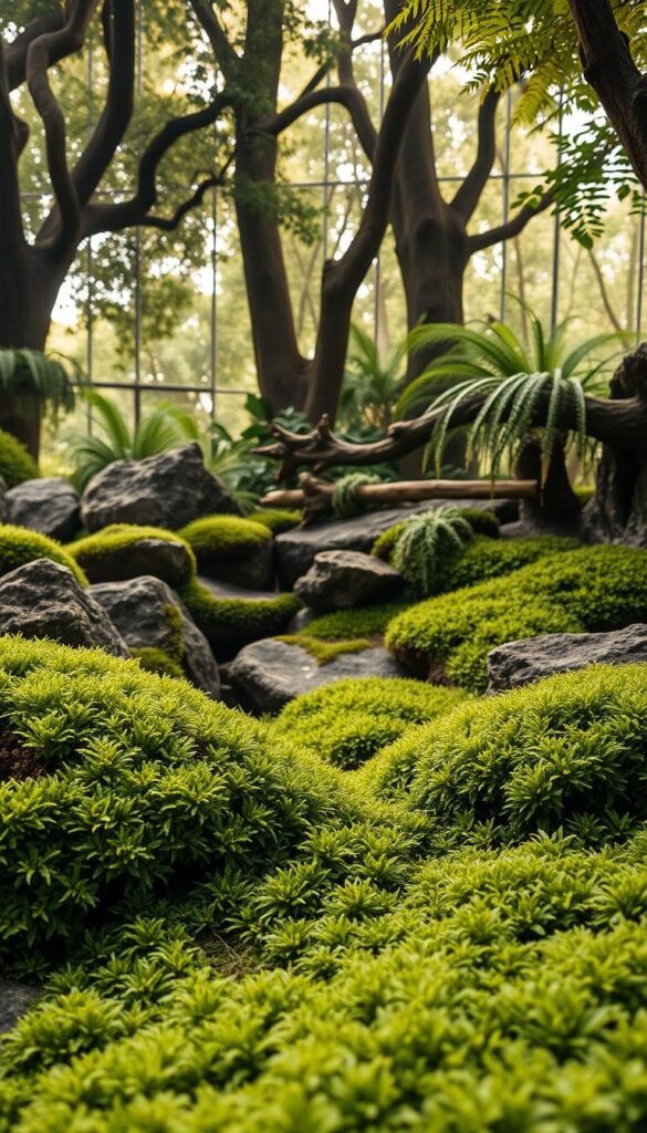 A lush, verdant indoor moss garden featuring a captivating landscape design. In the foreground, a dense carpet of vibrant green mosses, their delicate fronds gently swaying in the mist. In the middle ground, a naturalistic arrangement of weathered rocks, lichen-covered logs, and cascading ferns, creating a sense of depth and layering. The background is filled with towering, shadowy trees, their leaves filtering the warm, soft light that bathes the entire scene. The overall atmosphere is one of serene tranquility, a peaceful oasis that invites contemplation and relaxation. Shoot with a wide-angle lens to capture the full grandeur of this enchanting moss-centric landscape.