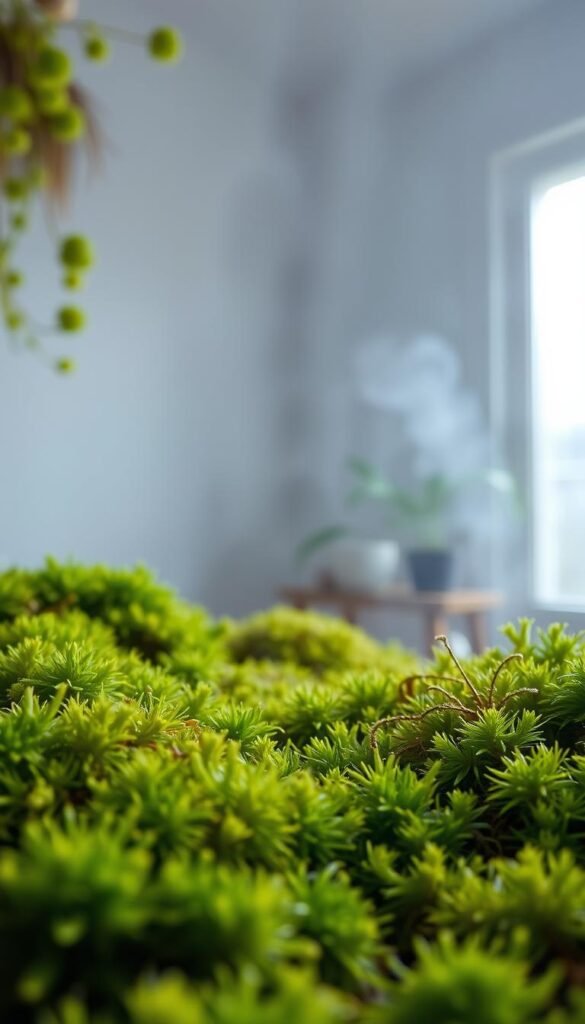 A lush, verdant indoor moss garden filled with vibrant, healthy moss specimens in various shades of green. The foreground features a close-up view of the delicate moss structures, showcasing their intricate textures and patterns. The middle ground depicts a serene, atmospheric environment with soft, diffused natural lighting filtering through a window, creating a calming, ethereal ambiance. The background subtly fades into a tranquil, minimalist setting, allowing the focus to remain on the captivating moss biology. The overall composition conveys a sense of harmony, wonder, and a deep appreciation for the quiet beauty of these resilient, thriving plants.