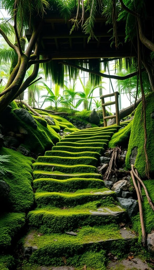 A lush, verdant indoor moss garden with a staircase of stepping stones covered in vibrant green moss. The steps wind through a natural landscape of ferns, rocks, and fallen logs, creating a serene, humid atmosphere. Soft, diffused natural lighting filters through the overhead canopy, casting a warm, earthy glow over the scene. The camera angle is at eye level, inviting the viewer to step into this tranquil, woodland-inspired setting. Moss clings to the weathered stone steps, creating an inviting path through the thriving, forest-like indoor garden.