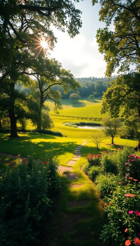 A lush, verdant landscape with towering trees casting dappled shadows across a rolling meadow. In the foreground, a meandering path leads the eye through a vibrant garden bursting with colorful flowers and fragrant herbs. Sunlight filters through wispy clouds, illuminating the scene with a warm, golden glow. In the distance, a serene pond reflects the surrounding foliage, inviting the viewer to explore and discover the hidden potential of this enchanting outdoor oasis. Captured with a wide-angle lens to accentuate the depth and grandeur of the scene, this image evokes a sense of tranquility and possibility, inspiring the viewer to envision the transformative power of thoughtful garden design.