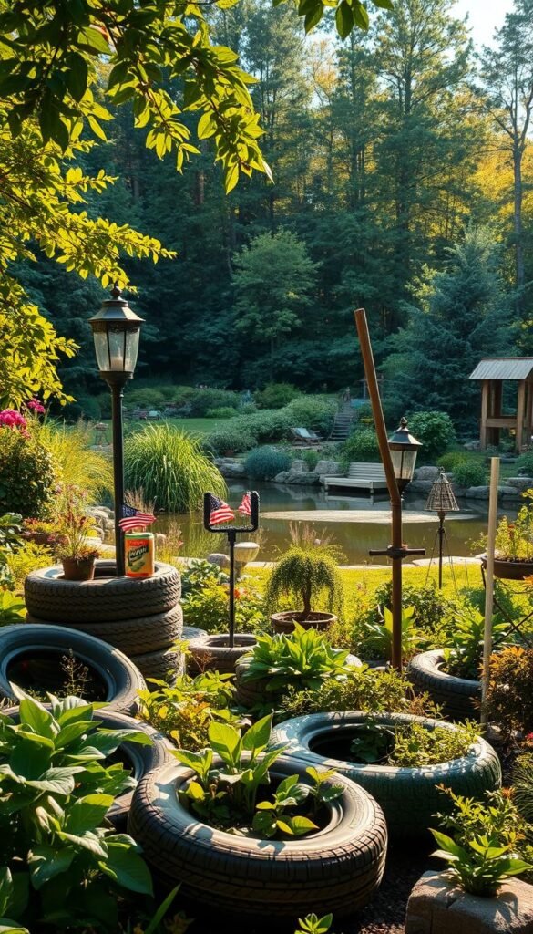 A lush, verdant landscape, with vibrant foliage and a harmonious blend of upcycled elements. In the foreground, a thriving garden showcases an array of repurposed items - old tires transformed into planters, discarded cans into bird feeders, and reclaimed wood into unique garden beds. The middle ground features a serene pond, its surface reflecting the surrounding upcycled decor. In the background, a sun-dappled forest provides a natural backdrop, highlighting the symbiotic relationship between upcycling and the environment. The scene exudes a sense of tranquility and environmental consciousness, with warm, golden lighting and a soft, dreamlike atmosphere.