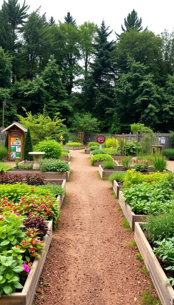 A lush, verdant learning garden layout unfolds, showcasing a harmonious blend of educational elements. In the foreground, neatly organized raised beds brim with vibrant vegetables, herbs, and flowers, inviting hands-on exploration. The middle ground features a meandering path flanked by whimsical garden structures, such as a sundial, bird bath, and informative signage, fostering curiosity and wonder. In the background, a backdrop of towering trees casts a warm, natural glow, complemented by the soft, diffused lighting of an overcast day. The overall atmosphere evokes a sense of tranquility and discovery, perfectly capturing the essence of a thriving learning garden.