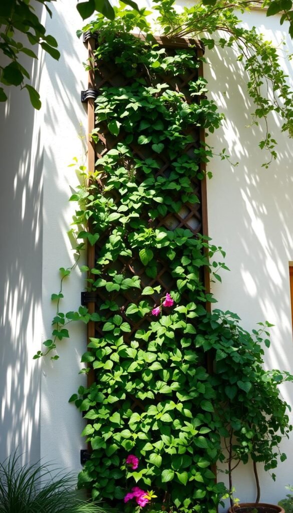 A lush, verdant living wall trellis adorns a plain exterior, its intricate lattice structure supporting a cascading canopy of thriving vines and climbing plants. Dappled sunlight filters through the foliage, casting soft, natural shadows and creating a serene, inviting atmosphere. The trellis is anchored to the wall with sturdy brackets, seamlessly integrating the vertical greenery into the architectural framework. Vibrant, diverse flora spills over the edges, transforming the once-bare surface into a captivating, living oasis. The composition is balanced, with the trellis serving as the focal point, while the background remains softly blurred, drawing the eye inward. This image evokes a sense of tranquility and a connection to nature, perfectly complementing the "Living Wall Trellis" section of the article.