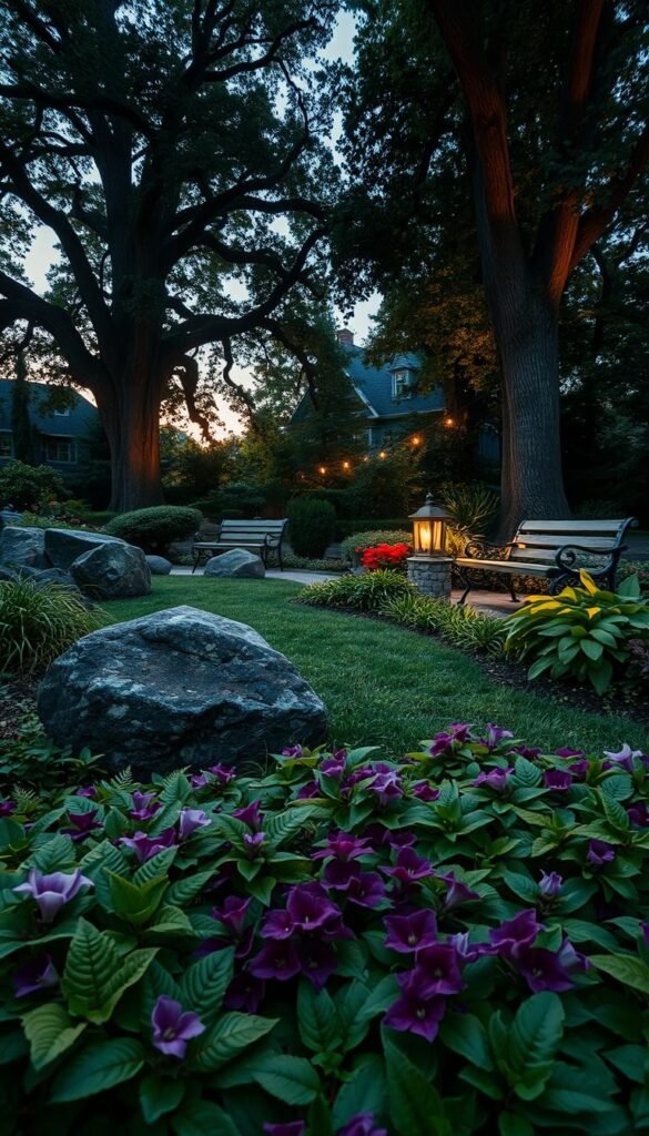 A lush, verdant low-light landscape design, illuminated by the soft, diffused glow of twilight. In the foreground, a vibrant carpet of shade-loving flowers - delicate ferns, velvety begonias, and fragrant hostas - creating a serene, natural atmosphere. The middle ground features strategically placed boulders and weathered wooden benches, inviting contemplation. Towering trees with dense foliage form the backdrop, casting dramatic shadows that dance across the scene. The overall composition evokes a sense of tranquility and escape, perfect for a shaded oasis. Captured with a wide-angle lens to showcase the depth and layering of this restorative low-light landscape design.