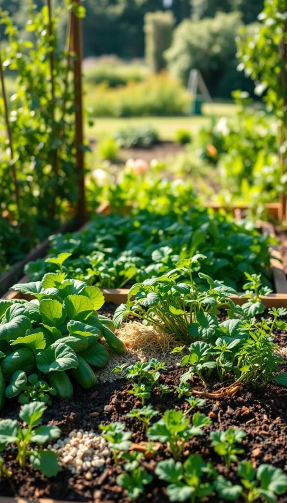 A lush, verdant raised garden bed in the foreground, featuring a carefully curated arrangement of seasonal soil amendments. In the middle ground, a diverse array of thriving vegetables and herbs, their vibrant foliage testament to the soil's fertility. The background frames the scene with a serene, sun-dappled garden landscape, hinting at the cyclical nature of the amendments. Warm, natural lighting illuminates the scene, casting soft shadows and highlighting the rich textures of the soil and organic matter. The composition conveys a sense of harmony and abundance, inviting the viewer to imagine the bountiful yields these seasonal rotations can produce.