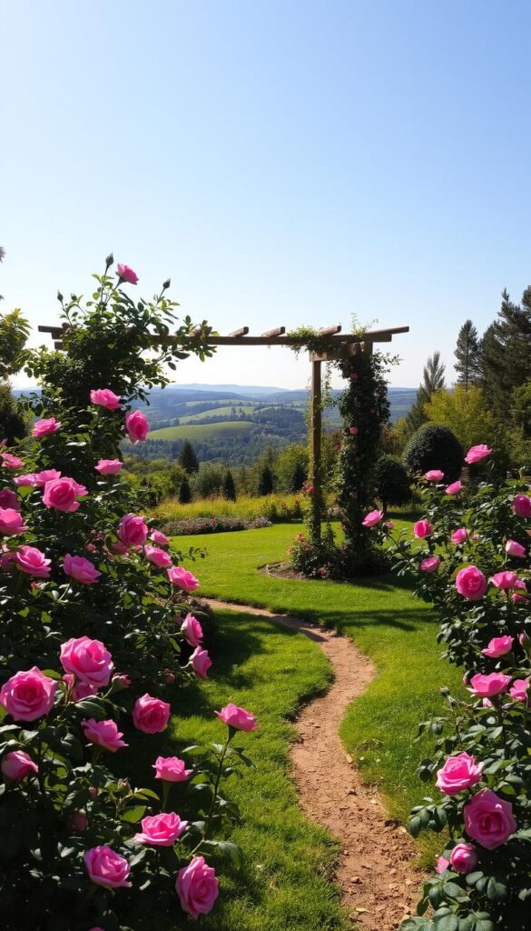 A lush, verdant rose garden nestled in a peaceful, sun-dappled clearing. In the foreground, an array of vibrant rose bushes in full bloom, their petals gently swaying in a soft breeze. A winding path meanders through the garden, inviting visitors to explore. In the middle ground, a wooden arbor draped with climbing roses stands as a focal point, casting delicate shadows on the ground. The background features a rolling landscape of rolling hills and a clear, azure sky, creating a serene and tranquil atmosphere. The lighting is soft and natural, with the sun filtering through the trees and casting a warm, golden glow over the scene. The overall composition conveys a sense of harmony and the perfect setting for a rose garden.