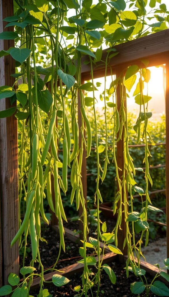 A lush, verdant scene of green beans thriving on a rustic wooden trellis, bathed in the warm, golden glow of a late afternoon sun. The plants stretch upwards, their slender vines intertwined with the trellis's latticed frame, creating a harmonious, natural tapestry. Vibrant green bean pods dangle gracefully, beckoning to be plucked. The soil beneath is rich and dark, hinting at the nourishing foundation that supports this bountiful growth. A gentle breeze rustles the leaves, adding a sense of movement and vitality to the composition. The scene is framed by a backdrop of soft, hazy foliage, creating depth and a sense of tranquility. This captivating image captures the essence of green beans thriving in a raised bed, a testament to their vertical and prolific nature.