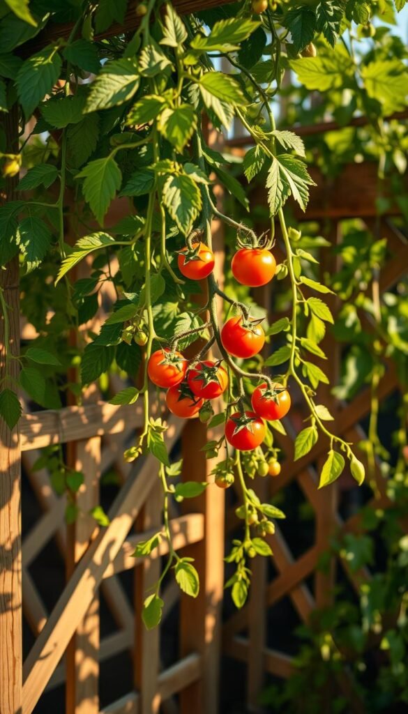 A lush, verdant tomato vine stretches upwards, its vibrant leaves and clusters of ripening fruit supported by a sturdy wooden trellis. The scene is bathed in warm, golden sunlight, casting gentle shadows that accentuate the plant's delicate tendrils and the intricate lattice of the support structure. The camera angle is slightly elevated, allowing the viewer to appreciate the dynamic interplay between the vine's natural growth and the carefully constructed framework designed to guide and elevate it. The overall composition conveys a sense of harmony and balance, showcasing the elegant pairing of nature and human ingenuity in the context of a thriving, productive tomato plant.