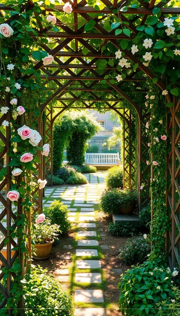 A lush, verdant trellis garden featuring an intricate lattice framework adorned with cascading vines and blooming flowers. In the foreground, delicate climbing roses and fragrant jasmine entwine along the trellis, casting soft, dappled shadows. The middle ground showcases a variety of potted plants and trailing ground covers, while the background features a tranquil, sun-dappled pathway leading to a serene garden bench. The scene is bathed in warm, golden light, creating a serene and inviting atmosphere. Captured with a wide-angle lens, the image emphasizes the harmonious integration of the trellis structure with the surrounding garden elements.