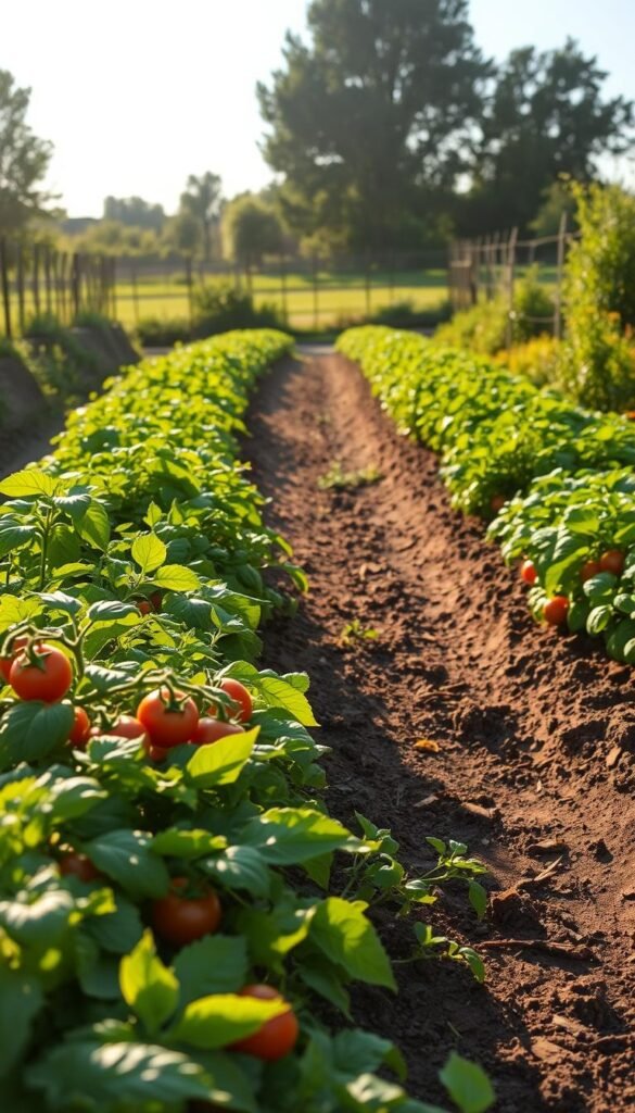 A lush, verdant vegetable garden with traditional rows of crops, backlit by warm afternoon sunlight. In the foreground, a row of vibrant, flourishing vegetables like tomatoes, peppers, and leafy greens. In the middle ground, well-tended soil and winding paths, leading the eye towards a distant fence and trees in the background. The scene exudes a sense of order, balance, and the timeless rhythm of the growing season. Capture this timeless, classic aesthetic of the traditional row garden design, with a focus on highlighting the visual elements that convey its pros and cons.
