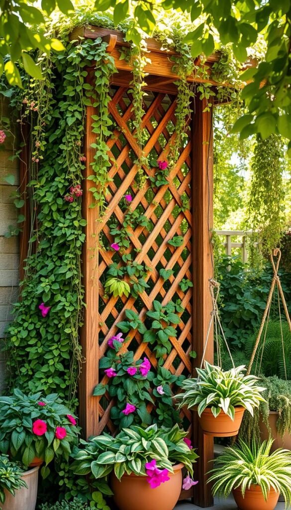 A lush, verdant vertical garden cascades down a sturdy wooden trellis, its intricate lattice framework supporting a vibrant array of climbing vines, trailing foliage, and cascading blooms. Dappled sunlight filters through the canopy, casting a warm, natural glow across the scene. The trellis stands as the centerpiece, its robust construction and organic aesthetic blending seamlessly with the surrounding greenery. In the foreground, carefully curated planters and hanging baskets overflow with an abundance of thriving plants, creating a sense of verdant abundance. The overall composition exudes a serene, harmonious atmosphere, showcasing the transformative power of vertical gardening and the ways in which thoughtfully designed structures can elevate an outdoor space.