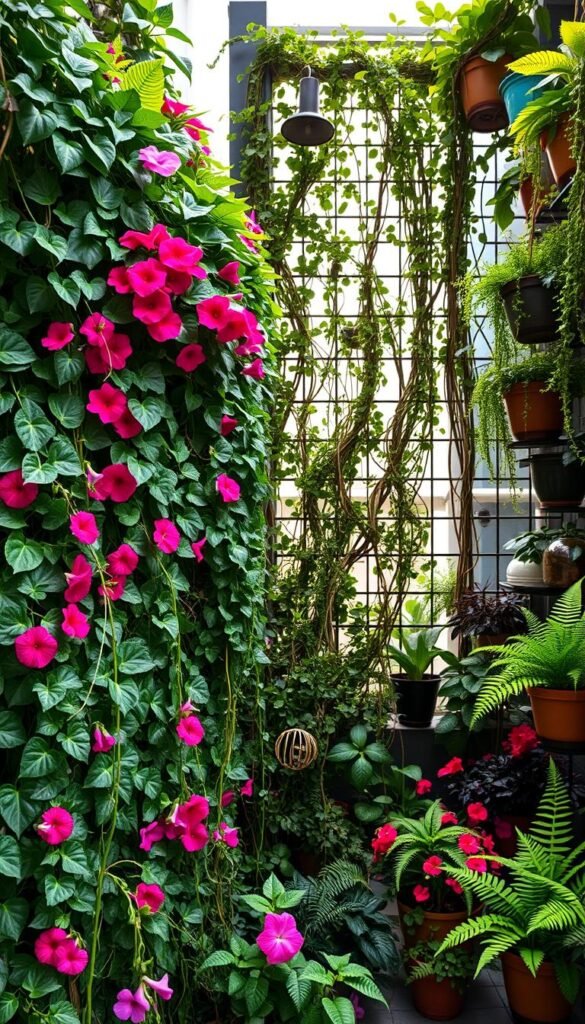 A lush, verdant vertical garden overflowing with cascading vines, blooming flowers, and thriving foliage. The foreground showcases a wall-mounted planter system with trailing ivy, vibrant petunias, and delicate ferns. The middle ground features a trellis covered in a tapestry of climbing vines, their tendrils reaching upwards towards the sunlight. In the background, a variety of potted plants and hanging baskets add depth and texture, creating an immersive, nature-inspired scene. Soft, diffused lighting accentuates the rich colors and natural textures, evoking a serene, tranquil atmosphere. The overall composition emphasizes the beauty and versatility of vertical gardening techniques, inspiring a sense of wonder and a desire to cultivate one's own lush, verdant oasis.