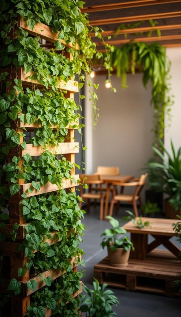 A lush, verdant vertical pallet garden stands in the foreground, its tiered wooden shelves overflowing with an abundance of thriving greenery. Trailing vines cascade down the sides, creating a cascading effect. In the middle ground, a well-lit patio or balcony setting provides the perfect backdrop, with wooden furniture and potted plants complementing the natural aesthetic. The lighting is soft and diffused, casting a warm, inviting glow over the scene. The overall composition conveys a sense of tranquility, sustainability, and a harmonious integration of nature and urban living.