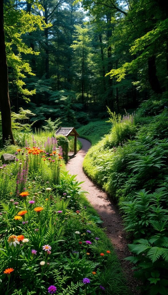 A lush, verdant woodland edge garden, bathed in soft, dappled sunlight filtering through the canopy above. In the foreground, a profusion of vibrant wildflowers and verdant ferns cascade down a gently sloping bank. Beyond, a meandering path winds through a tapestry of finely textured foliage in shades of green, punctuated by the occasional splash of color from blooming perennials. In the middle ground, a small, rustic arbor draped in climbing vines serves as a inviting transition between the wild and the cultivated. The background features a dense, mysterious forest, its towering trees reaching up to the sky, creating a sense of enclosure and seclusion. The overall scene evokes a harmonious, naturalistic aesthetic, in keeping with the principles of permaculture and woodland edge gardening.