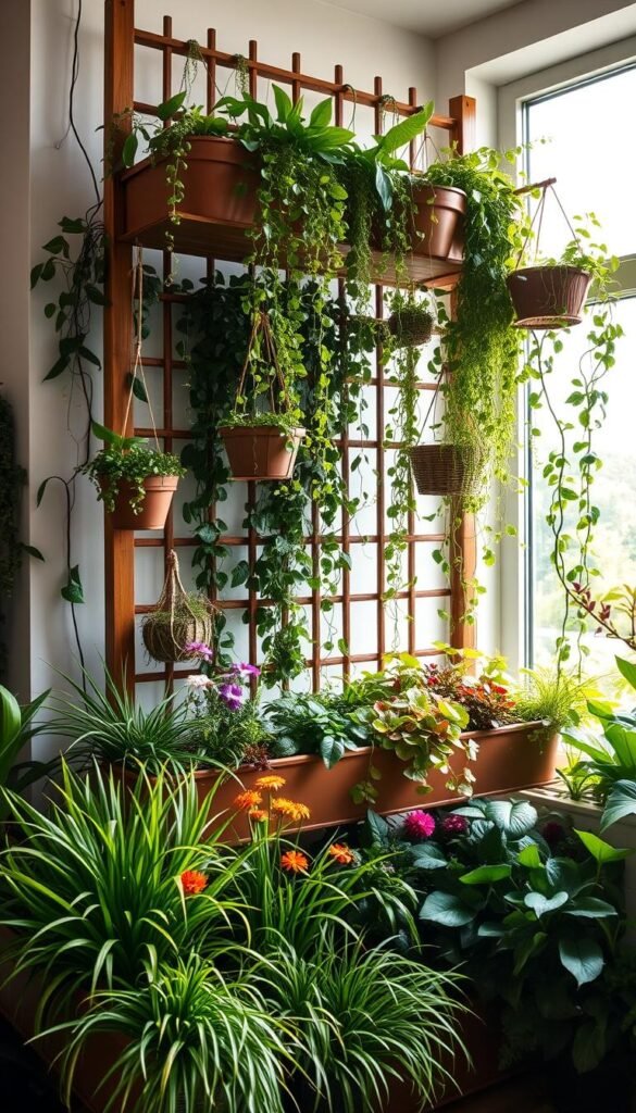 A lush, vertical cat garden design with tiered planters cascading down a trellis. In the foreground, a variety of pet-safe plants like cat grass, catnip, and cat-safe flowers spill out from the raised beds. The middle ground features a mix of trailing vines and hanging baskets, creating a verdant, three-dimensional landscape. In the background, a large window floods the scene with warm, natural lighting, illuminating the verdant foliage. The overall composition evokes a sense of tranquility and whimsy, perfect for an indoor cat oasis.