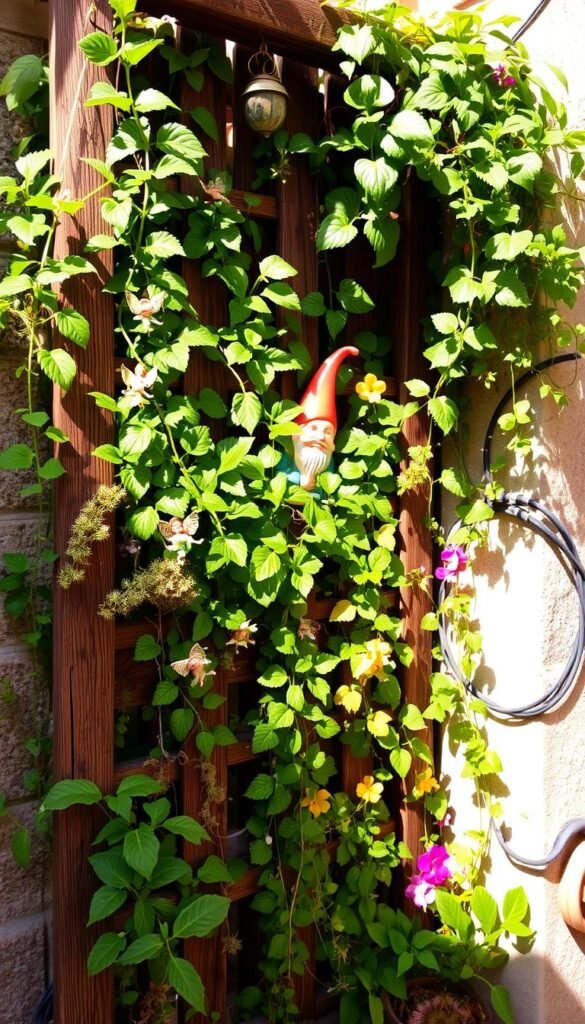 A lush, vertical garden adorned with whimsical decorations, situated in a cozy, sun-dappled nook. The foreground features an array of thriving plants cascading down a rustic, wooden trellis, interspersed with delicate fairy figurines perched amongst the foliage. The middle ground showcases a charming ceramic gnome peeking out from behind a cluster of vibrant, flowering vines. In the background, a stone wall frames the scene, lending a sense of timeless elegance. The lighting is soft and warm, creating a serene, enchanting atmosphere that invites the viewer to step into this magical garden oasis.