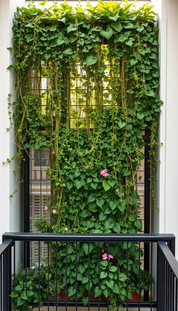 A lush, vertical garden cascading down a modern, minimalist balcony. Towering plants in ornate planters create a verdant privacy screen, filtered sunlight casting a warm, serene glow. Trailing vines and flowers spill over the edges, softening the angular architecture. Sleek, metal supports hold the tiered greenery in place, a harmonious blend of nature and urban design. The scene evokes a sense of tranquility and seclusion, a verdant oasis amidst the city. Captured through a wide-angle lens, the image showcases the effective use of vertical space to maximize privacy and greenery in a compact balcony setting.