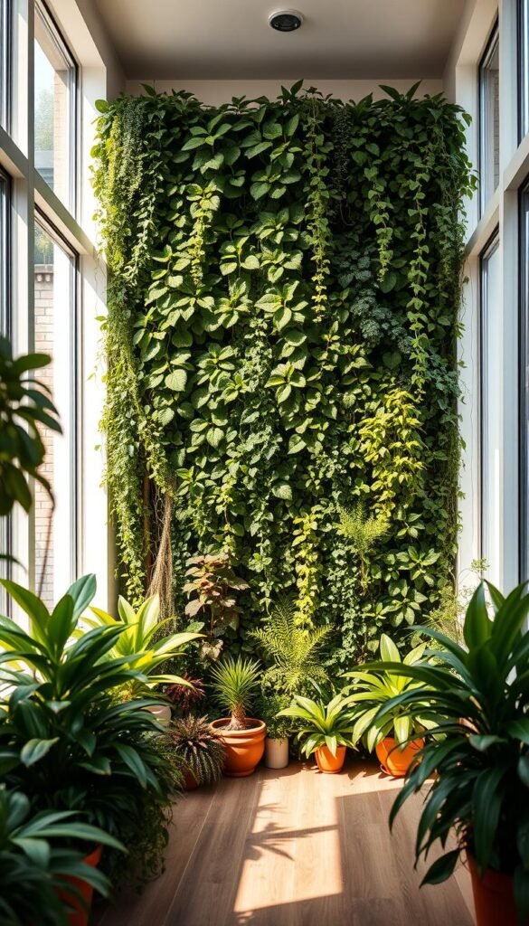 A lush, vertical garden design in a bright, airy interior. Cascading layers of thriving greenery in various shades adorn the wall, creating a serene, nature-infused atmosphere. Carefully curated arrangement of leafy potted plants, trailing vines, and small shrubs form a visually striking focal point. Warm, diffused lighting filters through large windows, casting a soft, natural glow and emphasizing the textures and depths of the verdant display. The overall composition radiates a sense of tranquility, inviting the viewer to imagine this calming oasis in a compact, urban living space.