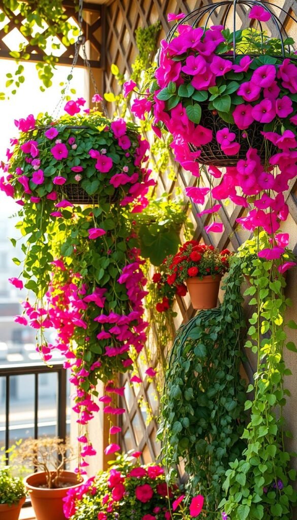 A lush, vertical garden design with cascading hanging baskets overflowing with vibrant blooms. The scene is bathed in warm, natural light filtering through a lattice trellis, casting soft shadows that accentuate the layered composition. In the foreground, a variety of trailing flowers, such as fuchsias, ivy, and geraniums, spill gracefully from ornate wrought-iron baskets. The midground features a mix of potted plants, including leafy vines and compact, flowering shrubs, arranged in a visually striking asymmetrical pattern. The background showcases a subtle, blurred urban landscape, hinting at the compact outdoor space being maximized through vertical gardening techniques.