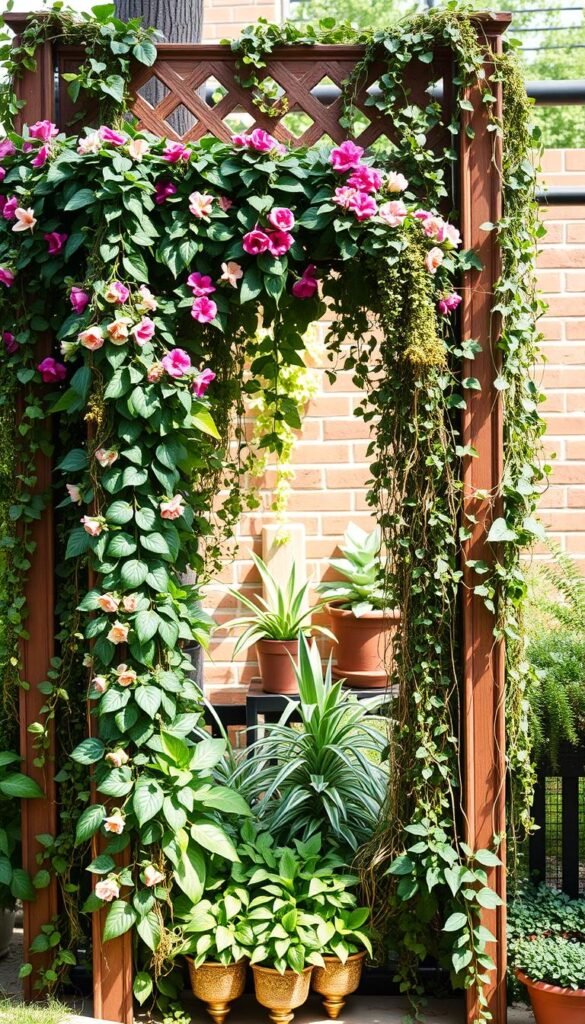 A lush, vertical garden display featuring an ornate lattice framework in the foreground. The lattice is adorned with a variety of climbing vines, cascading flowers, and leafy foliage, creating a vibrant and textured tapestry of colors and shapes. In the middle ground, additional potted plants and trailing greenery enhance the sense of depth and layering. The background showcases a serene, sun-dappled outdoor setting, perhaps a brick wall or wooden fence, providing a harmonious and natural backdrop. The lighting is soft and diffused, creating a warm, inviting atmosphere that emphasizes the organic beauty of the plant displays. The overall composition conveys a sense of elegant, natural harmony, perfectly suited for a vertical garden feature.