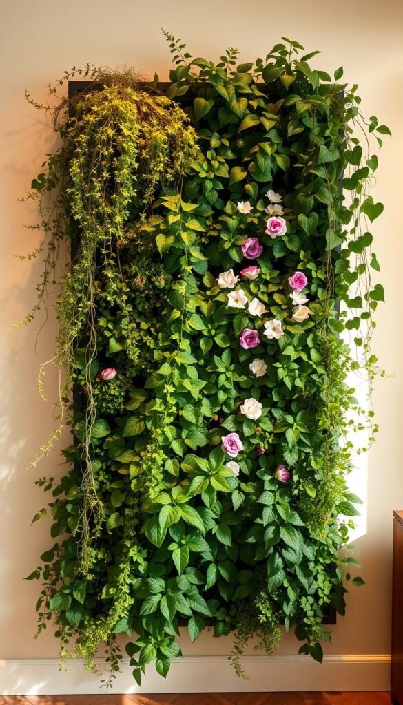 A lush vertical garden wall, cascading with a diverse array of thriving greenery. Delicate trailing vines, vibrant flowering plants, and verdant foliage arranged in a harmonious, space-saving composition. Warm, soft lighting illuminates the scene, creating a serene, inviting atmosphere. Shadows and textures add depth and visual interest, while the overall design emphasizes the efficient use of limited indoor space. The wall serves as a stunning focal point, showcasing the creativity and versatility of vertical gardening solutions for small-space living.