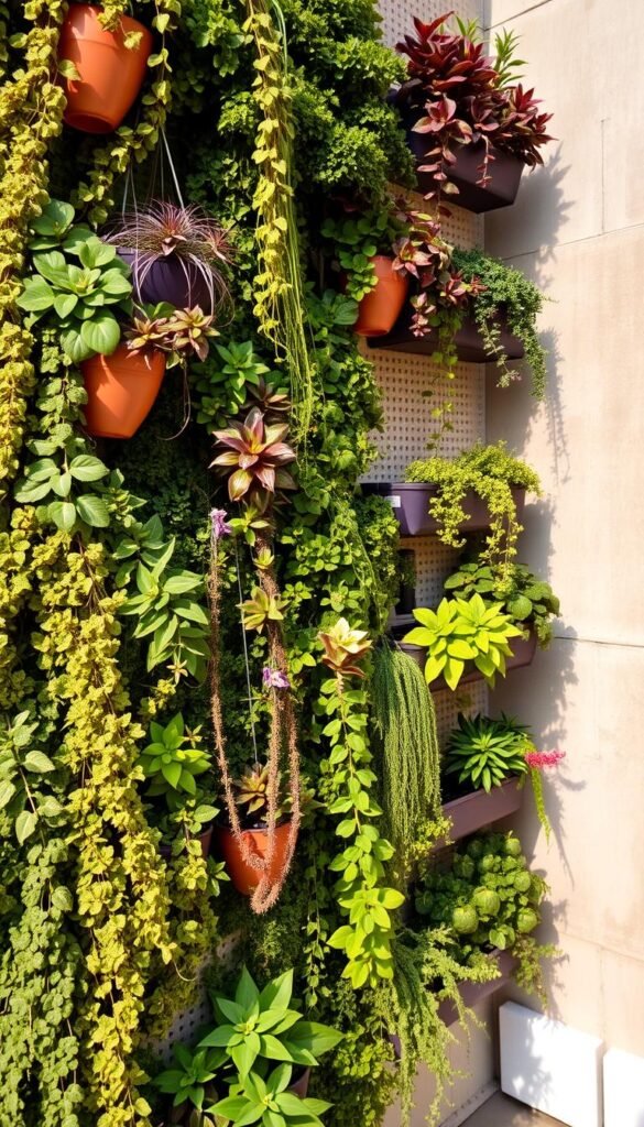 A lush, vertical garden wall showcasing an array of diverse, thriving plants. The foreground features an intricate pattern of hanging planters, cascading vines, and bushy foliage in a variety of greens, reds, and purples. The middle ground highlights a series of wall-mounted planters, each hosting a different species of trailing succulents, ferns, and flowering plants. The background depicts a weathered, textured concrete wall, adding depth and dimension to the scene. Warm, directional lighting casts soft shadows, creating a serene, natural ambiance. The overall composition evokes a sense of tranquility, highlighting the beauty and versatility of vertical plant displays.