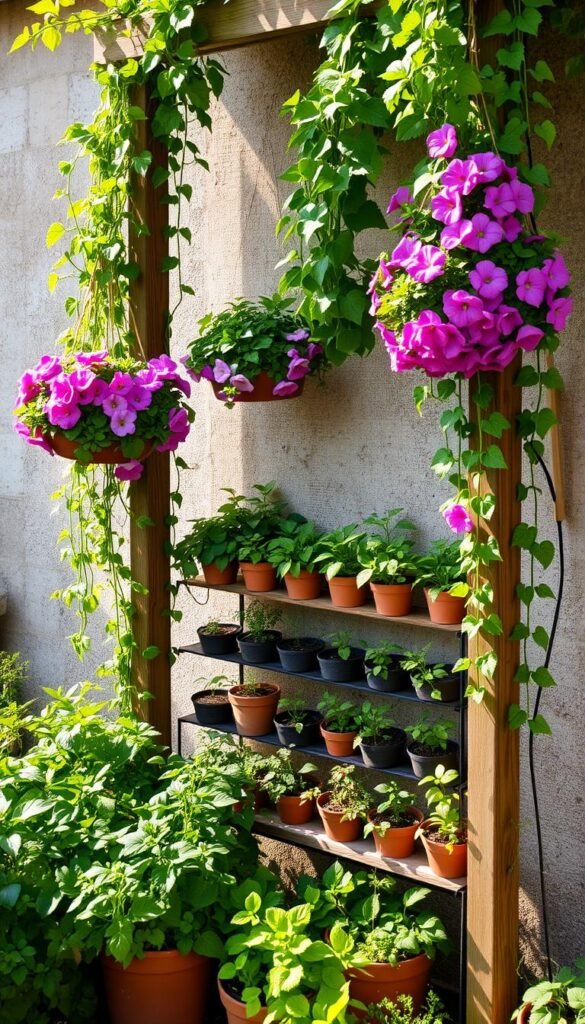 A lush, vertical gardening space with verdant foliage cascading down a sturdy, wooden trellis. The foreground features a variety of trailing vines and hanging baskets overflowing with vibrant blooms, casting a soft, natural light. In the middle ground, compact, potted plants form tiered levels, creating a sense of depth and dimension. The background showcases a textured, weathered wall, providing a rustic, earthy backdrop that enhances the overall tranquil and organic atmosphere. Careful composition and balanced lighting evoke a serene, harmonious visual that inspires ideas for maximizing yields in limited spaces through vertical gardening techniques.