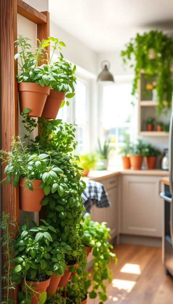 A lush, vertical herb garden with a wooden frame and tiered planters, situated in a bright, sunlit corner of a cozy kitchen. The foreground features a selection of aromatic herbs like rosemary, thyme, and basil, their vibrant green leaves cascading down the shelves. The middle ground showcases a mix of culinary herbs in terracotta pots, while the background depicts a cheerful, open-concept kitchen with natural light streaming through large windows. The overall atmosphere is one of tranquility and functionality, inviting the viewer to imagine the delicious home-cooked meals that could be prepared with the fresh, homegrown herbs.