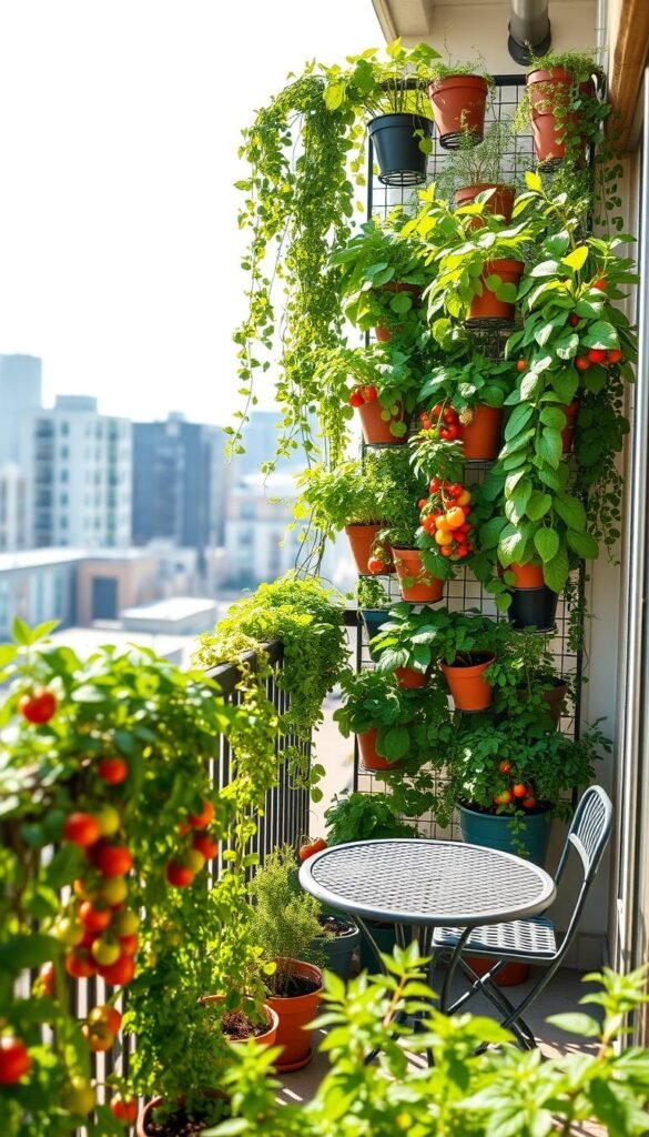A lush, vertically stacked balcony garden bathed in warm, natural light. A mix of verdant potted plants cascade down the railings, creating a vibrant, layered oasis. Tomato vines, leafy greens, and fragrant herbs line the edges, framing the scene. In the middle ground, a small bistro table and chairs invite relaxation amidst the greenery. The background features a cityscape, blurred and out of focus, highlighting the intimate, tranquil atmosphere of the balcony sanctuary. The overall composition emphasizes efficient space utilization and creative layering to maximize the growing potential of a limited urban setting.