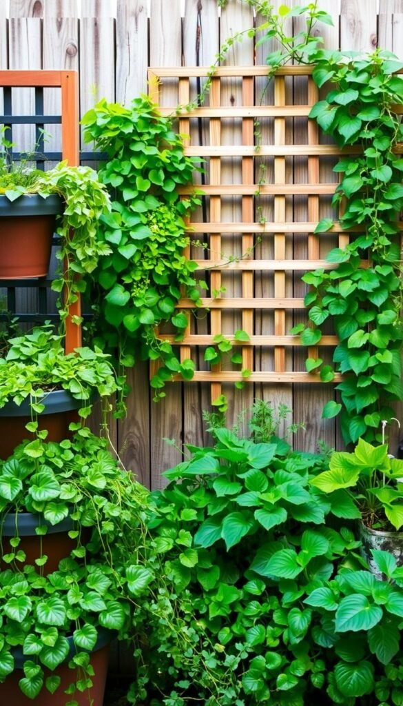 A lush, vertically-stacked garden space, optimized for compact areas. In the foreground, a series of tiered planters cascading with vibrant foliage and trailing vines. The middle ground features a lattice trellis supporting climbing plants that reach towards the sunlight, creating a verdant, three-dimensional effect. In the background, a weathered wooden fence acts as a neutral backdrop, allowing the verdant greenery to take center stage. Soft, diffused lighting casts a warm, natural glow, highlighting the intricate textures and varied shades of green. The overall scene conveys a sense of tranquility and efficient use of limited space, perfect for the "Maximizing Vertical Space in Tiny Gardens" section.