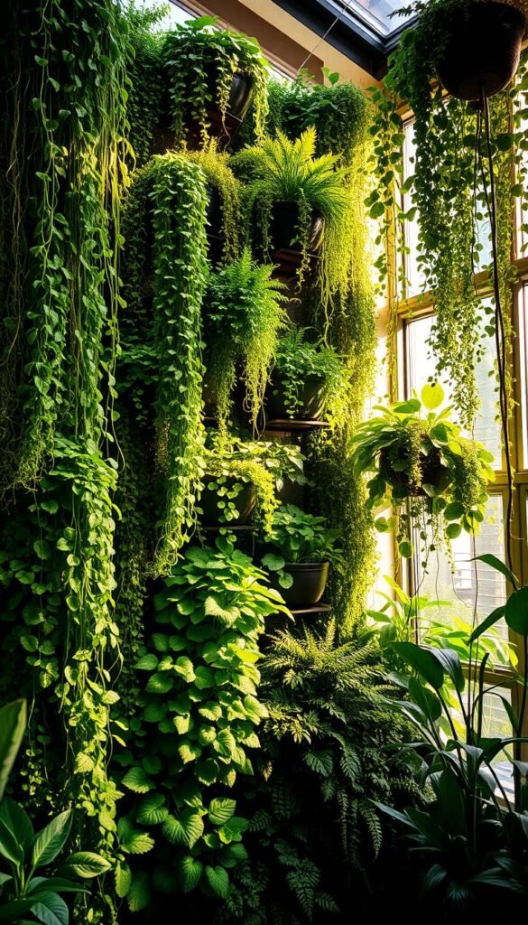 A lush, vertically stacked indoor garden, bathed in warm, natural lighting that cascades through large windows. Verdant foliage in various shades of green cascades down the wall, creating a living, breathing tapestry. Carefully placed shelves and planters showcase a diverse array of plants, from trailing vines to upright herbs and flowers. The scene exudes a sense of tranquility and harmony, where nature and modern living seamlessly coexist. Angles and perspectives are chosen to highlight the depth and dimensionality of the vertical garden, inviting the viewer to step into this serene, biophilic oasis within the home.