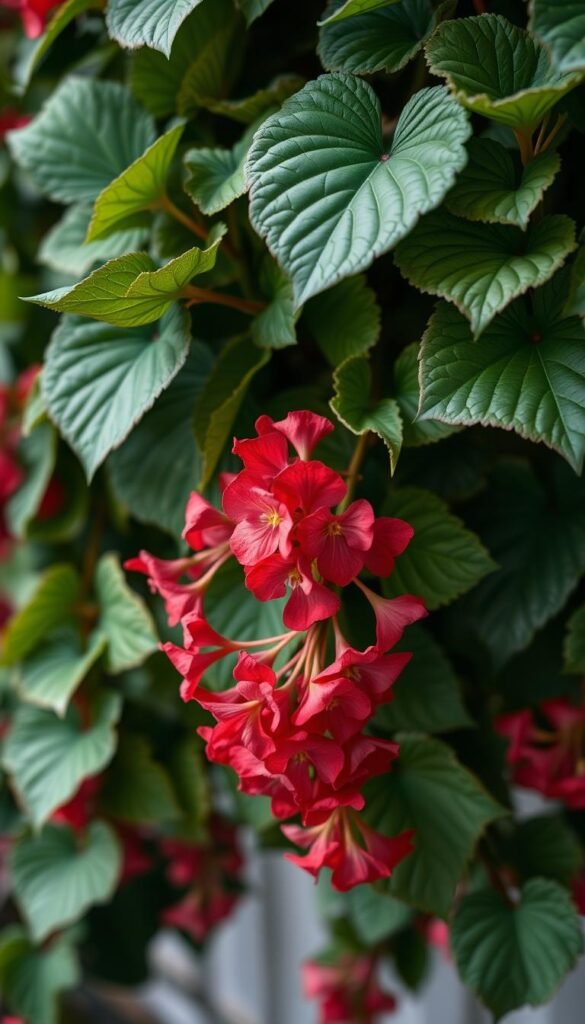 A lush, vibrant arrangement of begonia foliage and blooms in a soft, diffused light. The broad, textured leaves cascade gracefully, their deep green hues accentuated by crimson-pink flowers that burst forth in delicate clusters. The scene is captured with a shallow depth of field, drawing the eye to the captivating floral details while the background fades into a dreamy, out-of-focus blur. The overall mood is one of serene beauty, highlighting the begonia's remarkable ability to thrive and add visual interest in shaded garden spaces.