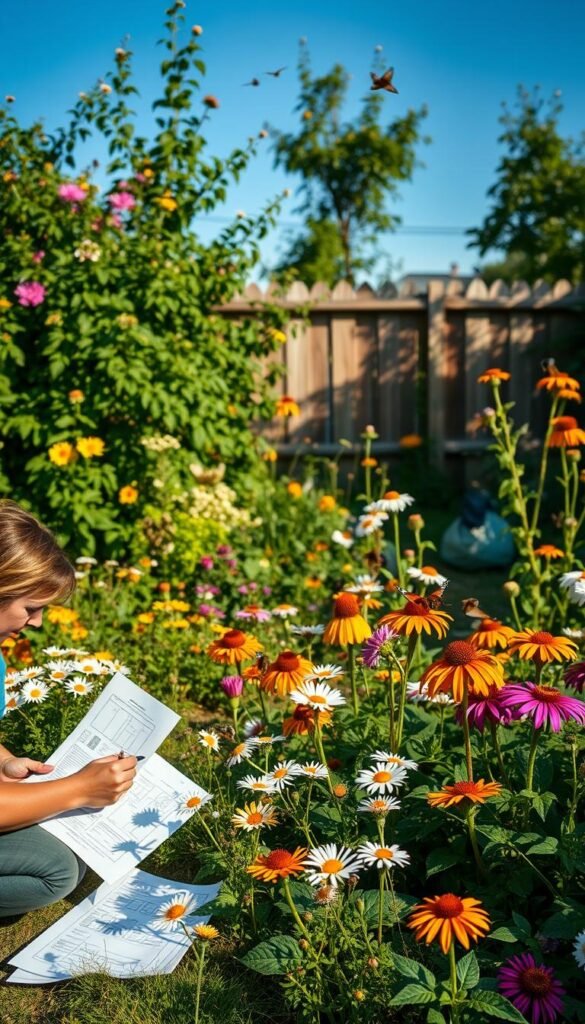 A lush, vibrant backyard filled with a diverse array of flowering plants, creating a serene and inviting space for pollinators. In the foreground, a gardener kneels, carefully planning the layout of their pollinator-friendly garden, surrounded by sketches, seed packets, and gardening tools. The middle ground showcases a variety of native flowers, including daisies, coneflowers, and milkweed, all in full bloom and attracting a flurry of buzzing bees and graceful butterflies. The background features a wooden fence, partially obscured by the flourishing greenery, and a clear blue sky, evoking a sense of tranquility and harmony. Soft, warm lighting illuminates the scene, highlighting the vibrant colors and textures of the plants and wildlife.
