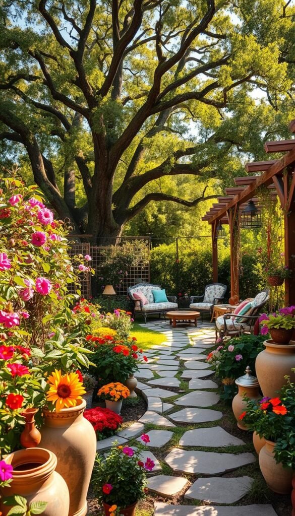 A lush, vibrant bohemian garden retreat, bathed in warm afternoon sunlight. In the foreground, a whimsical arrangement of brightly colored flowers, trailing vines, and weathered ceramic pots. A winding stone path leads deeper into the garden, past a cozy seating area adorned with plush cushions and an eclectic mix of vintage furniture. In the background, a towering canopy of mature trees casts a gentle, dappled shade, creating an enchanting, secluded atmosphere. Wooden trellises support climbing blooms, while hanging lanterns and wind chimes add to the sense of tranquility and free-spirited charm. This is a haven for the senses, a verdant oasis where one can escape and immerse themselves in the beauty of nature.