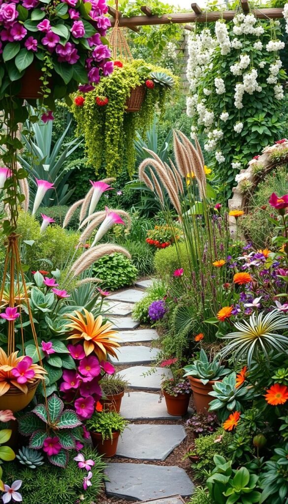 A lush, vibrant boho garden filled with an abundance of colorful, whimsical flora. In the foreground, a variety of potted plants and hanging baskets spill over with trailing vines, oversized leaves, and vibrant blooms in hues of pink, purple, and orange. The middle ground features a stone pathway winding through a mix of tall grasses, wildflowers, and sculptural succulents. In the background, a rustic wooden trellis is draped with cascading greenery and clusters of delicate blossoms. Soft, diffused natural light filters through the garden, creating a warm, inviting atmosphere. An overall sense of bohemian, laid-back elegance pervades the scene.