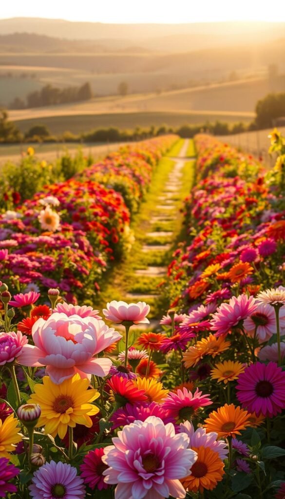A lush, vibrant cut flower garden bathed in warm, golden afternoon sunlight. In the foreground, an abundance of colorful blooms - fragrant peonies, delicate ranunculus, and velvety dahlias. The middle ground showcases a meandering garden path, flanked by bursts of color from zinnias, cosmos, and sunflowers. In the background, a picturesque rural landscape with rolling hills and a distant, hazy treeline. The overall scene conveys a sense of abundance, tranquility, and the restorative power of nature. A 50mm lens captures the depth and nuance of this beautiful cut flower garden.