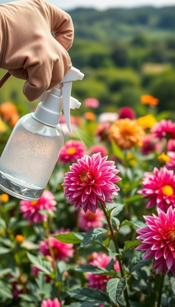 A lush, vibrant dahlia garden in natural daylight, with a close-up view of a flowering plant being treated for pests. In the foreground, a gardener's gloved hand gently applies an organic pesticide spray, while in the middle ground, the dahlia's intricate petals and foliage are in sharp focus. The background features a blurred, verdant landscape, conveying a sense of tranquility and care. The lighting is soft and diffused, highlighting the delicate details of the plant and the gardener's attentive actions. The overall mood is one of diligent problem-solving and the harmonious coexistence of nature and human intervention.