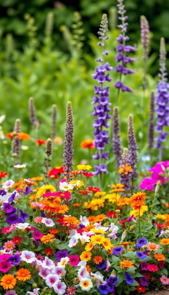 A lush, vibrant flower bed border with a harmonious integration of colorful blooms. In the foreground, a mix of delicate petunias, pansies, and marigolds create a cascading tapestry of hues. The middle ground features tall, stately delphiniums and lavender, their stalks swaying gently in a soft, diffused light. In the background, a subtle blurring effect accentuates a verdant foliage backdrop, lending depth and a sense of natural tranquility. The overall composition evokes a serene, idyllic garden scene, perfectly suited to illustrate the "Flower Garden Layout Ideas: Arranging Beds and Borders for Visual Impact" section.