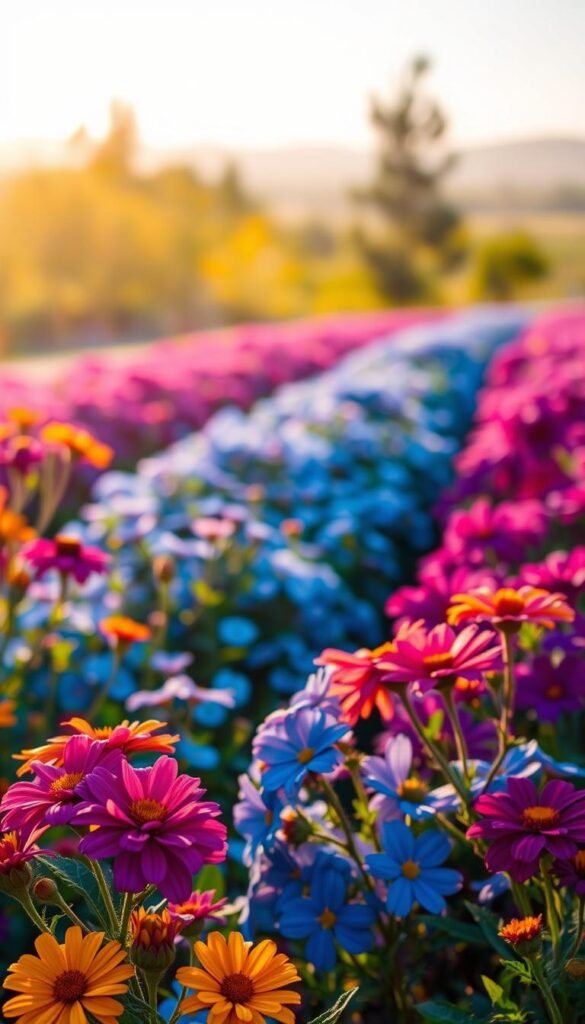 A lush, vibrant flower garden bathed in warm, golden sunlight. In the foreground, a stunning display of complementary colors - deep purples and bright oranges, their petals gently swaying in a soft breeze. In the middle ground, clusters of analogous hues - shades of blue and green, creating a harmonious and soothing palette. The background features a dreamy, impressionistic landscape, with blurred trees and a distant horizon, emphasizing the focus on the captivating color combinations. The overall scene radiates a sense of tranquility and artistic inspiration, inviting the viewer to immerse themselves in the beauty of nature's palette.