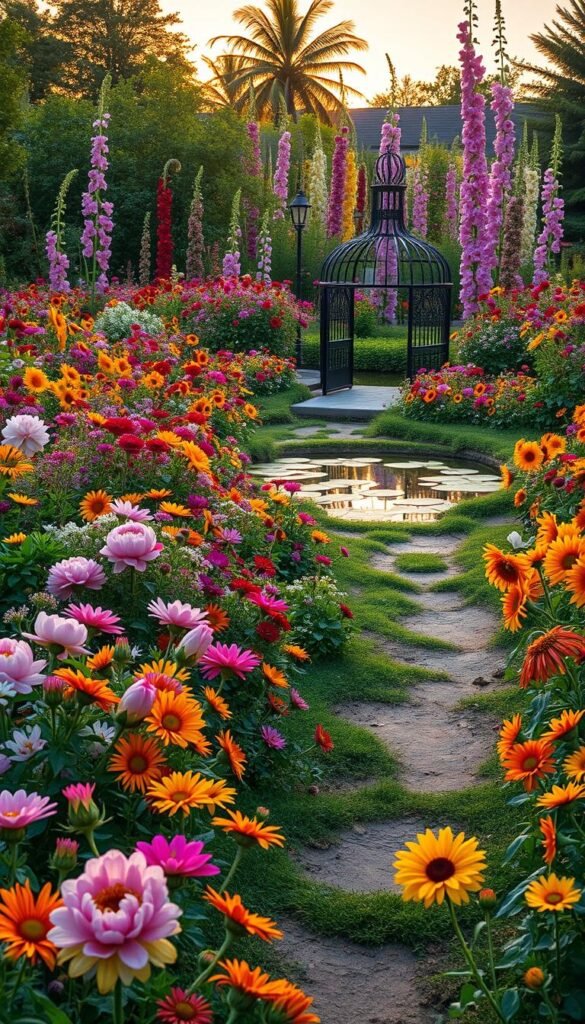 A lush, vibrant flower garden in golden hour light. In the foreground, a meandering path winds through an abundance of colorful blooms - vibrant peonies, cheerful sunflowers, and delicate cosmos. In the middle ground, a small pond reflects the warm hues of the setting sun, its surface dotted with floating water lilies. Beyond, a wrought-iron gazebo stands amidst a riot of towering hollyhocks, dahlias, and zinnias, their petals dancing in a gentle breeze. The overall scene exudes a sense of tranquility and joy, inviting the viewer to embark on a captivating flower garden adventure.