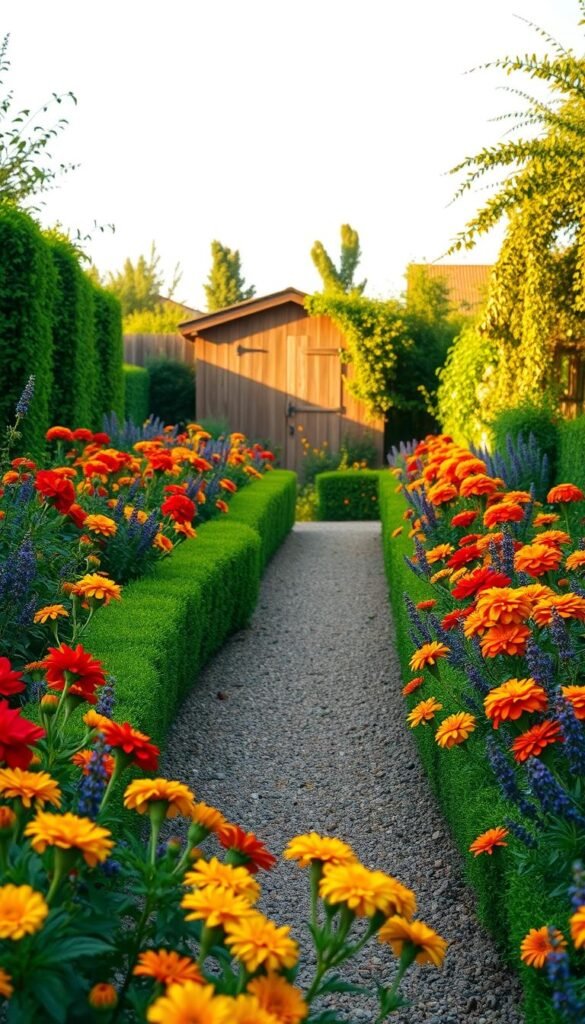 A lush, vibrant flower garden in soft, warm afternoon light. The foreground features rows of colorful blooms - vibrant reds, yellows, and purples of roses, marigolds, and lavender, their petals gently swaying in a light breeze. In the middle ground, a gravel path winds through the garden, flanked by neatly trimmed hedges. The background showcases a wooden garden shed, its weathered walls partially obscured by climbing vines and trailing flowers. The entire scene is bathed in a golden glow, creating a serene, inviting atmosphere that invites the viewer to stroll through this beautiful, well-tended floral oasis.