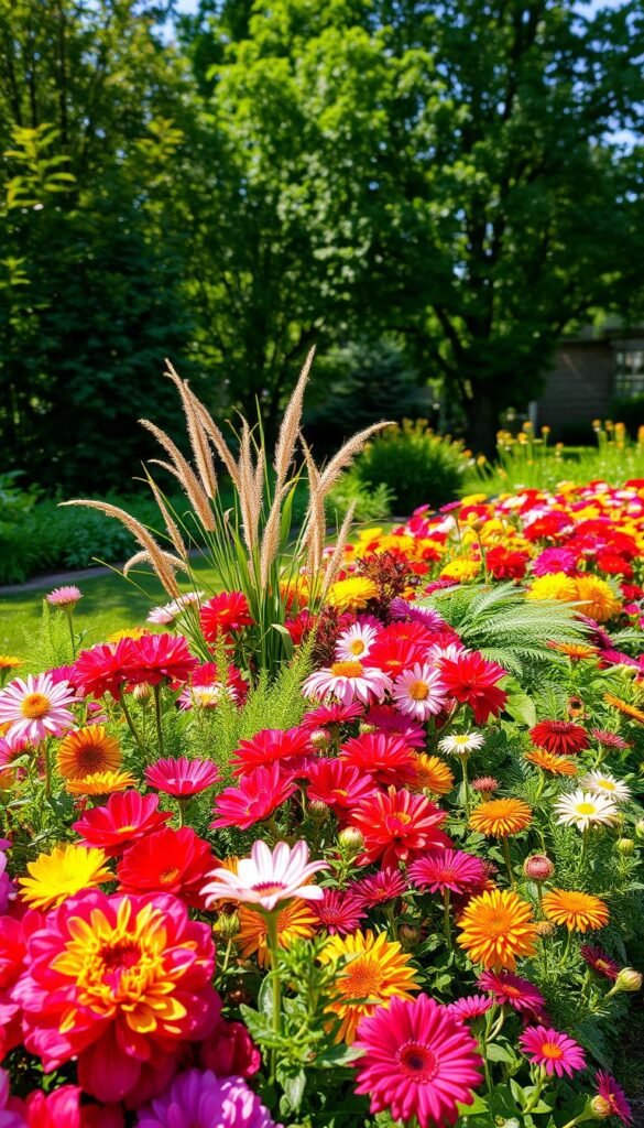 A lush, vibrant garden bed filled with a harmonious arrangement of colorful flowers and foliage. In the foreground, clusters of boldly hued blooms such as peonies, dahlias, and zinnias create a striking visual impact. The middle ground features a mix of textural elements like ornamental grasses, ferns, and trailing vines, adding depth and contrast. In the background, a soft, blurred backdrop of verdant trees and shrubs sets the scene, evoking a sense of tranquility. The lighting is natural, with dappled sunlight filtering through the foliage and casting gentle shadows. The composition is balanced, with a dynamic interplay of shapes, colors, and textures that draw the viewer's eye across the frame.