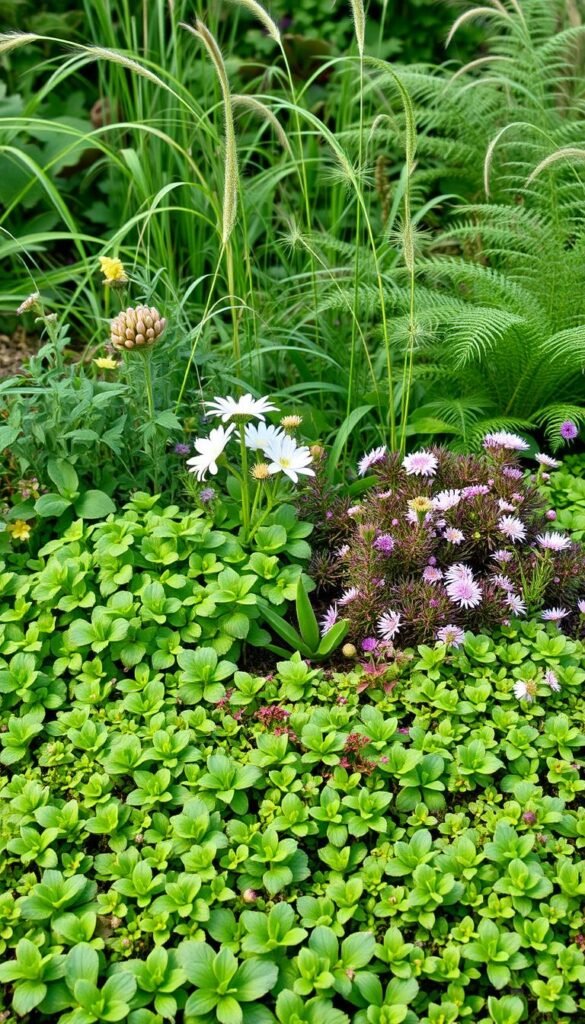 A lush, vibrant garden bed filled with diverse living mulch plants, strategically arranged to form an attractive and effective weed-controlling groundcover. In the foreground, a mixture of low-growing, spreading perennials like clover, creeping thyme, and trailing sedum create a dense, verdant carpet. The middle ground features taller, upright plants like comfrey and yarrow, their delicate flowers adding pops of color. The background showcases a natural, organic setting with wispy grasses and ferns, creating a sense of depth and a harmonious, woodland-inspired atmosphere. Soft, diffused natural lighting illuminates the scene, highlighting the plants' textures and vibrant hues. The overall composition conveys a low-maintenance, effortless approach to weed control in a visually appealing and inviting home garden.