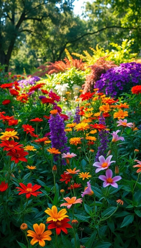 A lush, vibrant garden bursting with a harmonious blend of colors. In the foreground, a riot of blooming flowers - vivid reds, deep purples, sunshine yellows, and delicate pinks swaying gently in a soft breeze. The middle ground showcases a captivating mix of layered foliage, from verdant greens to rich, earthy tones. Dappled sunlight filters through a canopy of trees in the background, casting a warm, inviting glow over the entire scene. The composition is balanced, with a sense of depth and movement, creating an immersive, dreamlike atmosphere that evokes the beauty and tranquility of a flourishing garden oasis.