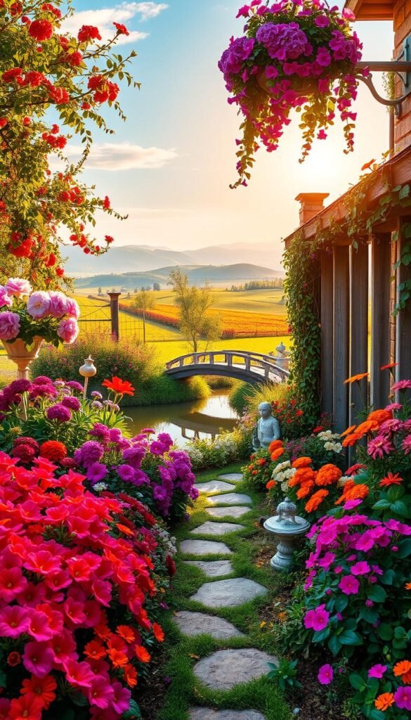 A lush, vibrant garden bursting with a variety of colorful flowers, verdant foliage, and whimsical garden ornaments. In the foreground, a winding path leads through a border of blooming begonias, marigolds, and zinnias. The middle ground features a serene pond with a graceful stone bridge, surrounded by towering peonies, hydrangeas, and climbing vines. In the background, a rustic wooden fence is adorned with hanging baskets of trailing petunias and fuchsias, framing a picturesque vista of rolling hills and a bright, sun-dappled sky. The scene is bathed in warm, golden lighting, evoking a sense of adventure and discovery. A sense of tranquility and joy pervades the entire image.
