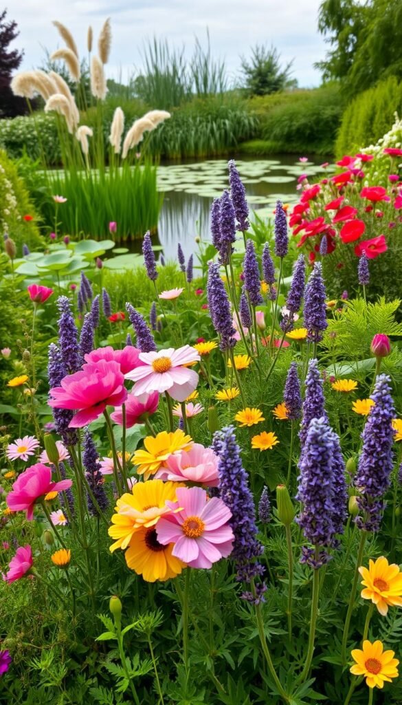 A lush, vibrant garden bursting with diverse perennial blooms. In the foreground, clusters of colorful flowers - velvety-petaled peonies, delicate poppies, and fragrant lavender - sway gently in a warm breeze. The middle ground is a tapestry of foliage, with towering ornamental grasses and verdant ferns providing depth and texture. In the background, a serene pond reflects the tranquil sky, its surface dotted with floating water lilies. The scene is bathed in soft, diffused natural lighting, creating an enchanting, timeless atmosphere that celebrates the year-round splendor of perennial plants.