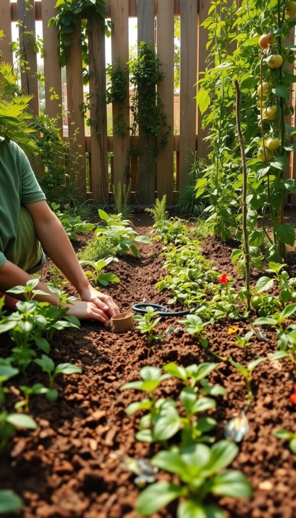 A lush, vibrant garden bursting with life. In the foreground, a person kneels, hands in the rich, loamy soil, carefully planting seedlings and vegetables. Their face is serene, focused on the task at hand. The middle ground is a tapestry of verdant foliage - leafy greens, fragrant herbs, and colorful flowers. Trailing vines and towering tomato plants create a sense of abundance. In the background, a wooden fence frames the scene, sunlight filtering through the slats, casting a warm, golden glow. The atmosphere is one of tranquility and accomplishment, a harmonious union of human and nature.