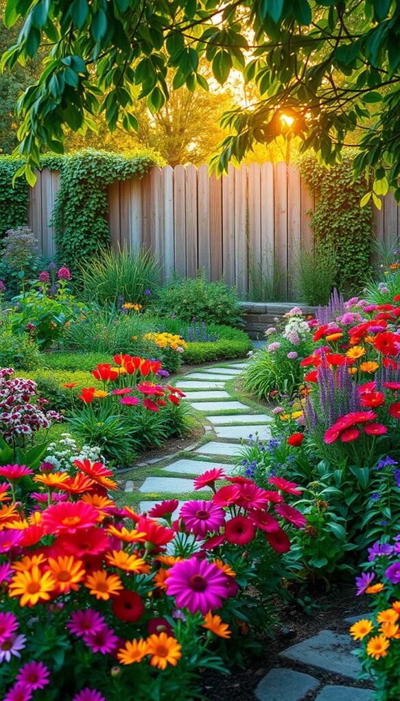 A lush, vibrant garden design, bursting with a colorful array of blooming flowers and verdant foliage. In the foreground, a stunning variety of vibrant annuals and perennials, their petals dancing in the gentle breeze. A winding stone path meanders through the scene, inviting exploration. In the middle ground, a mix of tall, stately plants and cascading vines create a sense of depth and texture. The background features a picturesque wooden fence, its weathered boards contrasting with the vivid hues of the garden. Warm, golden sunlight filters through the leaves, casting a soft, magical glow over the entire scene. The overall atmosphere is one of tranquility, rejuvenation, and the beauty of nature in perfect harmony.