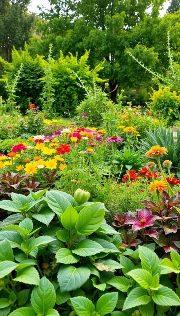A lush, vibrant garden filled with a variety of plants in perfect harmony. In the foreground, a cluster of complementary vegetables and herbs thriving together, their leaves gently intertwined. The middle ground showcases a diversity of flowering plants, their petals in a kaleidoscope of colors, attracting a swarm of pollinating insects. In the background, a verdant canopy of trees and shrubs, casting a warm, soft light over the entire scene. The composition is balanced, with a sense of natural order and interconnectedness, conveying the science and beauty of companion planting. The overall mood is one of tranquility, sustainability, and the intricate dance of nature.